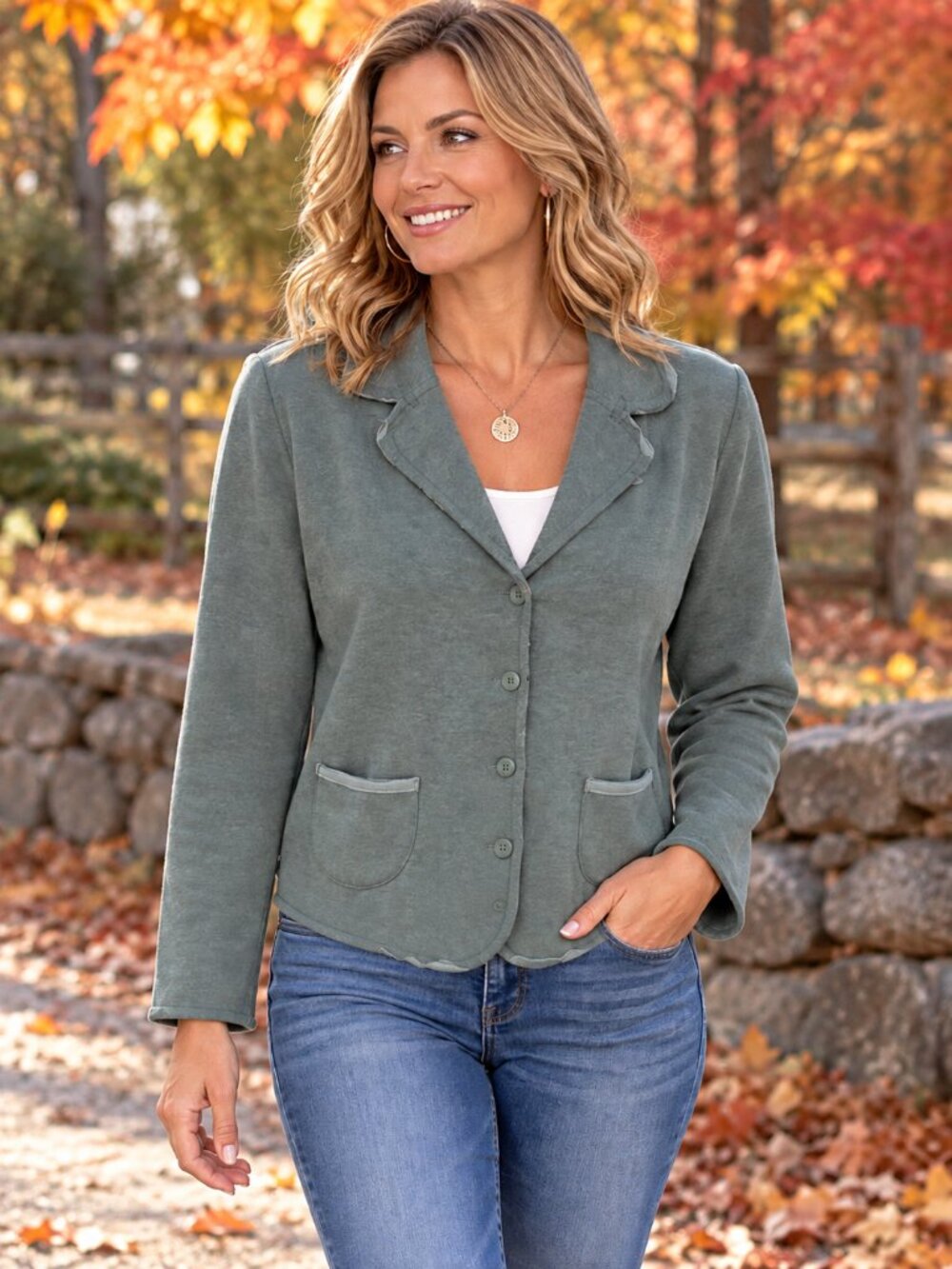 J.JILL Sweatshirt Blazer w/ Pockets  Cropped Snap-Up Light Green NWOT M